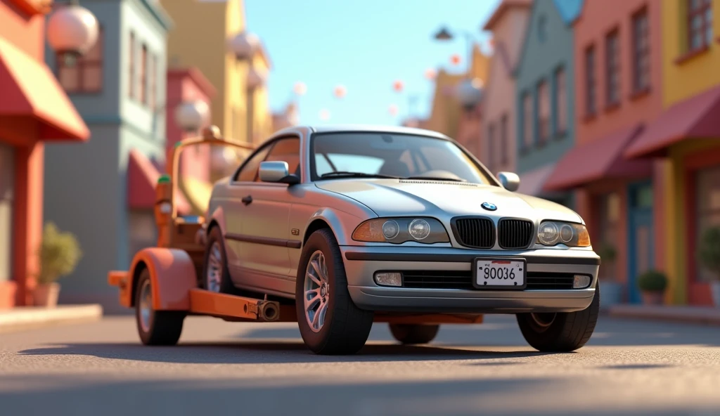Im Stil von Pixar 3D-Animation filmen. silver BMW E46 Compact is towed.
