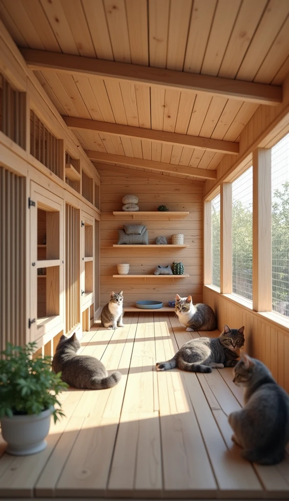 Create a wooden cattery with thermally insulated bars, ventilation, space and size for 15 cats, with a partition separating male and female cats and with space for a bed, water containers, takeout, sandbox and playground.