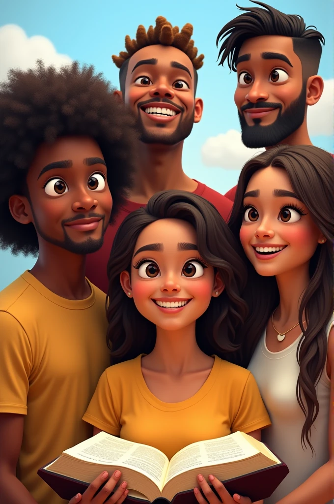 5 young men and women of different skin colors standing, with a bible in the background, pixar style 