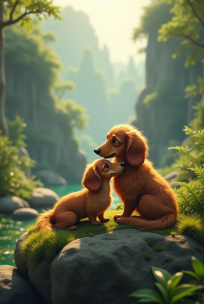 furry dachshund dog and his adult human sitting on a rock looking at nature
