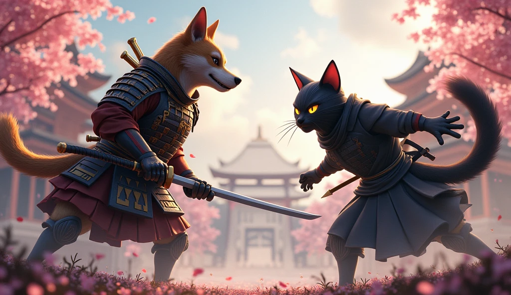 Create an epic battle between a samurai dog and a ninja cat.