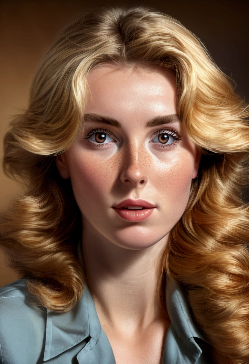 good teacher, Best Quality, muy oftallado, ultra high resolution, (fotorrealist: 1.8), Photography, texture_of_fur_realist, freckled blonde arafet woman, cara perfecta rasgos fáciles perfectos ojos granofs muy expresivos color miel muy oftallados, oftalles muy intrincados, perfect face fine features, long curly ginger hair, viste una blusa blanca oflgada of botones, She is a secretary, shows off a great cleavage, Her breasts can be seen behind her blouse, She is sitting in her office