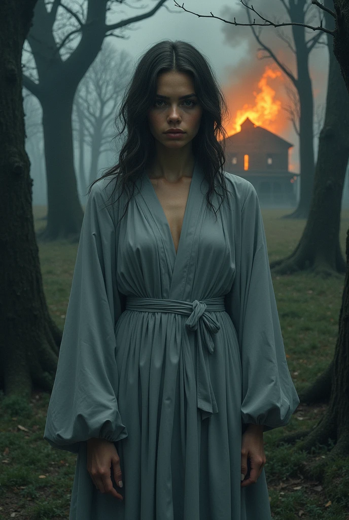 beautiful girl in grey robe standing in dark forest, Epic style, Octane rendering, burning house. beautiful face, Hyper realistic, awarded, masterpiece, naked