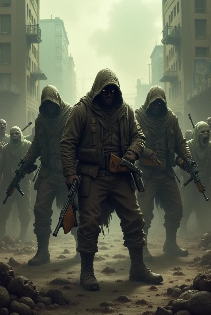 Three badass hooded men fighting a bunch of zombies in a post-apocalyptic setting