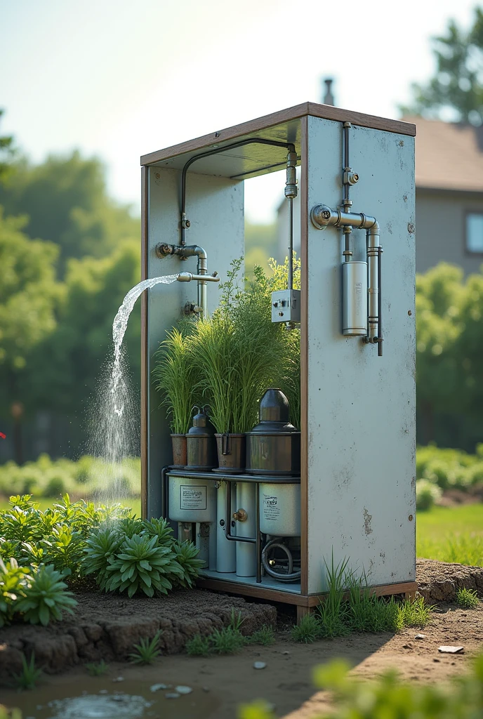 a device made of recycled material to filter grey water such as shower water, sinks and laundry sinks that come from a house and water savings for agriculture with sensors that measure water pollution