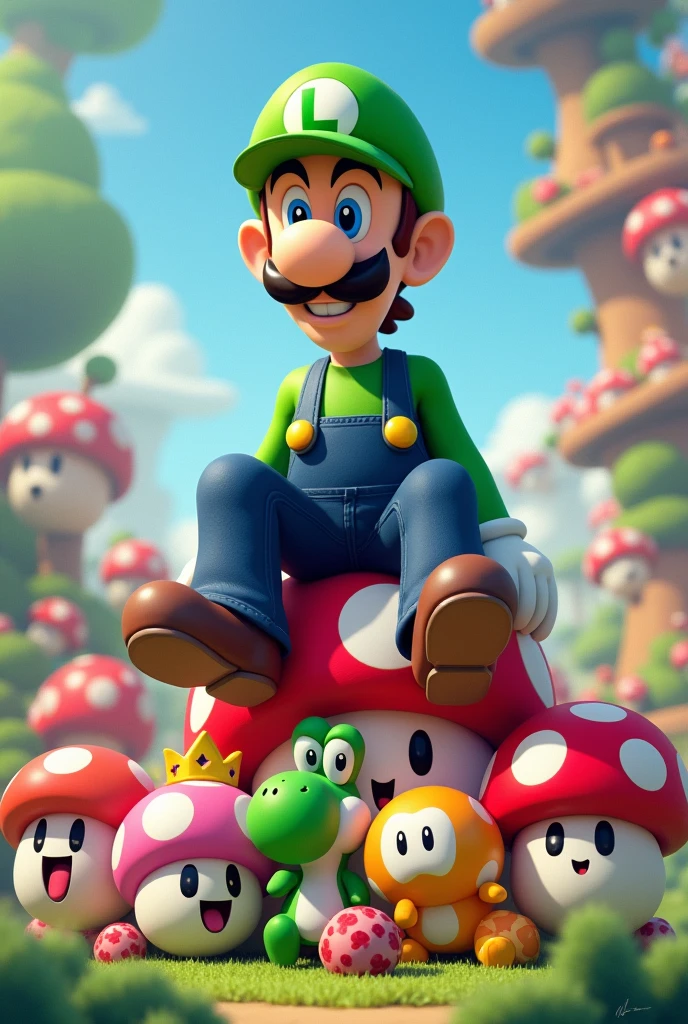 Luigi qui s’assoit sur les personnages de Gomba, Daisy, Yoshi et le fantome Boo