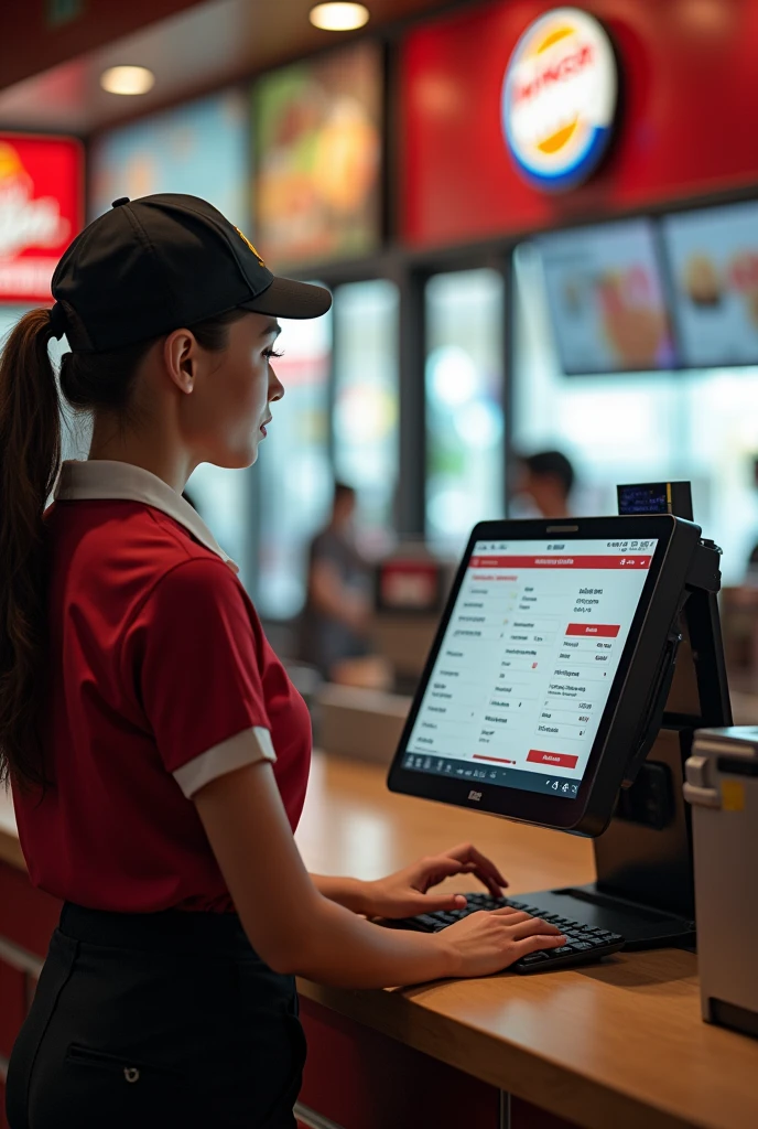 A FAST FOOD RESTAURANT CASHIER, BURGER KING TYPE WITH A POINT OF SALE THAT HAS A SALES AND CONTROL SYSTEM ON THE SCREEN, WITHOUT OTHER PEOPLE