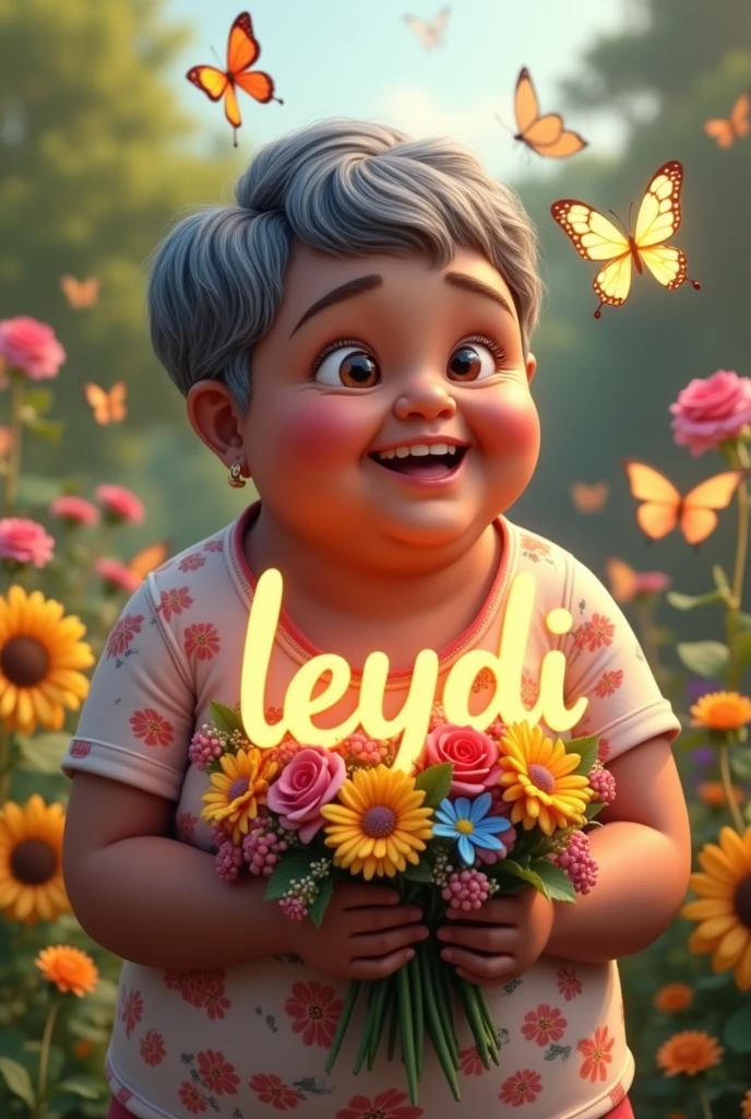 3d image of a chubby elderly lady, dark skin color, round face, happy eyes, splattered nose, short hair, black and gray, curo y, dressed in a short-sleeved floral blouse and matching shorts, with a tender appearance and signs of age, Located in a beautiful garden with many roses, sunflowers, gerberas, and butterflies fluttering, holding in her hands a beautiful bouquet of different flowers, Among the flowers the word LEYDI in luminous and cursive letters