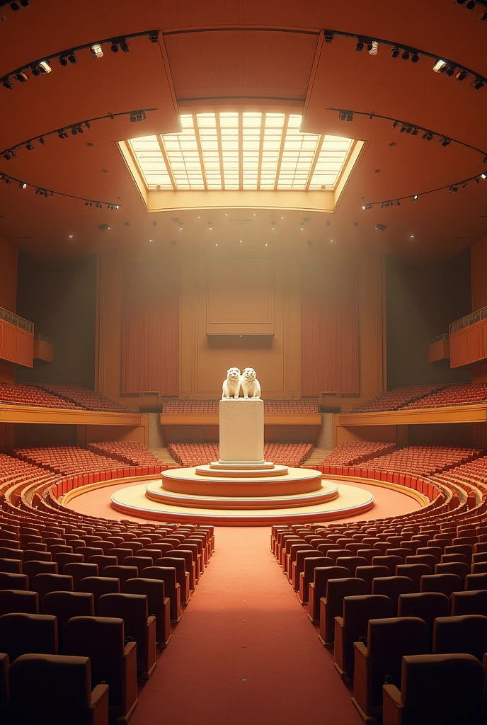 A very huge and wide meeting hall, with many rows and Columns of chairs devided with 7 walk ways,bright light in the building,ceiling with many spot lights, A very wide Huge circular stage in the middle, a white statue of two lions setting on the stage