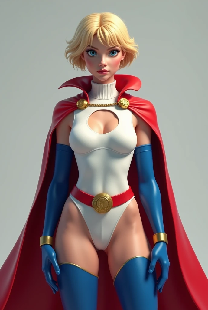 PHOTO REALISM. A FEMALE WITH SHORT BLONDE HAIR, BLUE EYES WEARING A WHITE TURTLE NECK CORDROY LEOTARD WITH A CUT OUT HOLE ON THE CHEST, LONG BLUE GLOVES, TALL BLUE BOOTS, A RED WAIST BELT WITH A SOLID GOLD MEDALLION, AND A LONG RED CAPE ATTACHED AT THE NECK WITH A GOLD MEDALLION CLASP.
