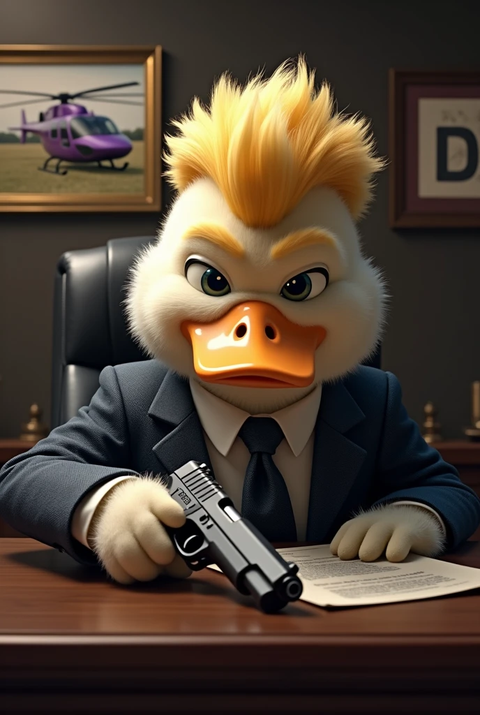 Duck Mafia with Donald Trump&#39;s Hairstyle, Soft fur, Sitting in the office, Gun on the table, Photo of a purple helicopter in the background, In the picture behind is written lDF.