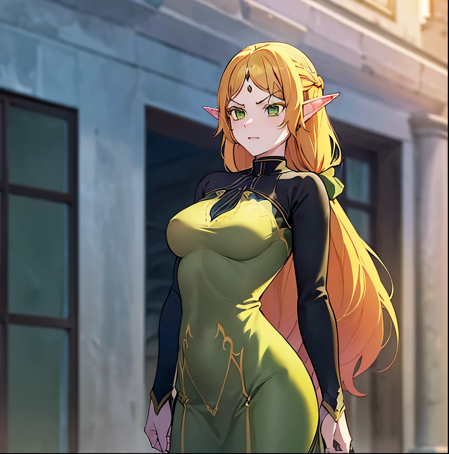 ((1girl)),((alone)),Sui tsundere elf,\(isekai ojisan\),(masterpiece), (best quality), (ultra detailed), (best illustration), (best shadow), (absurdities ), sharp focus, cowboy shot, atmospheric perspective, depth of field, dynamic posture, ((looking at viewer)), small breasts, narrow waist, wide hips, wide thighs, round butt, erotic, romantic, (highly detailed eyes , lips 1.1), highly detailed eyes, eyes, Highly detailed face, Very beautiful face, Symmetrical face, Aesthetic face, perfect face, perfect eyes, detailed eyelashes: 1.5), full height, beautiful slim figure, femininity, expressive appearance, breasts small elastics, sexuality, parted lips, long hair, blonde hair, (green eyes: 1.5), pointed ears, elf, multicolored hair, jewel on the forehead, long sleeves, black sleeves, turtleneck jumpsuit, black pantyhose, sweater, (black sweater: 1.2), dress, (yellow dress: 1.5), curves, defined body, perfect and beautiful body, perfect and beautiful, closed mouth, mocking smile, embarrassed expression, (sexy pose: 1.2), ((solo)), standing: 1.3,((outdoor, medieval landscape, plain, trees, castle, village, day, sunny)), Looking forward ,((centered on hips)), point of view: (from below), perfect anatomy, perfect hands