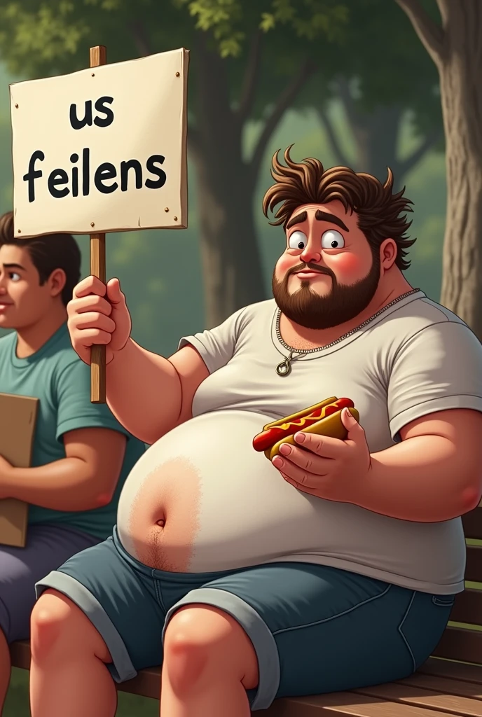 Une personne obèse, à peut prêt 21 ans, cheveux brun. qui tiens une affiche avec marquer " US Feillens " dans la main gauche sans images sur l'affiche. il as des cheveux long mais qui ne descendent pas et il a une barbe. il tiens aussi dans sa main droite un hot-dog . il a un t-shirt simple qui ne lui va pas entièrement, on voit son ventre et son nombril .  il est assis sur un banc avec deux autres personnes obèse à coté de lui qui mangent des hot-dogs. 
