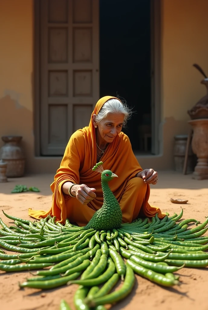 एक भारतीय बूढ़ी महिला की तस्वीर जो ज़मीन पर नहा रही है। वह हरी मिर्च से मोर बना रही है। मोर के पंख दरवाज़े तक ज़मीन पर फैले हुए हैं और बहुत सुंदर दिख रहे हैं। पृष्ठभूमि में एक दरवाज़ा और कुछ अन्य चीज़ें हैं। समग्र छवि में एक गर्म रंग है।