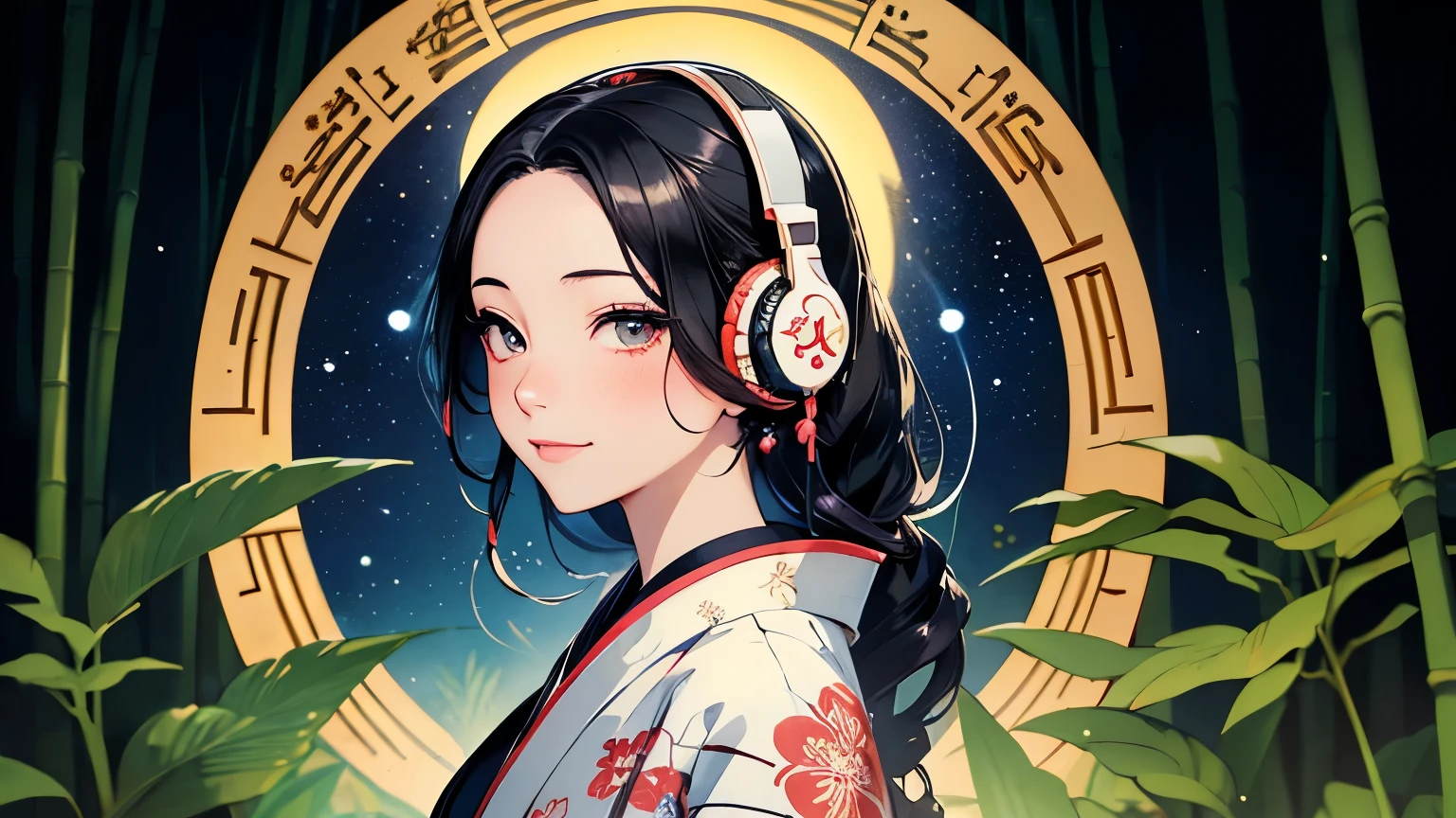 ((masterpiece)), surreal, Portrait of a beautiful fair-skinned anime woman (floral kimono), light makeup, bright eyes, shiny black hair, intricate hair ornament, (small breasts), In the bamboo forest, ((headphones)), ((background: night, starry sky)), ((ukiyo-e style)), ((smile)), ((1 girl)),