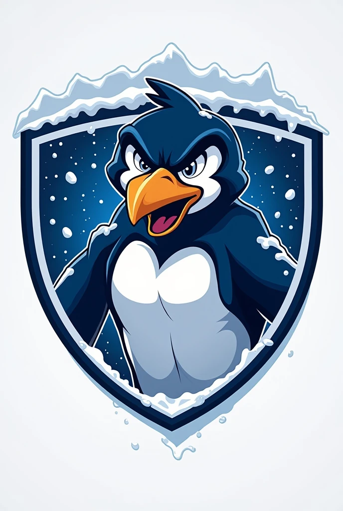 Blue and white football team round shield with angry penguin in snow