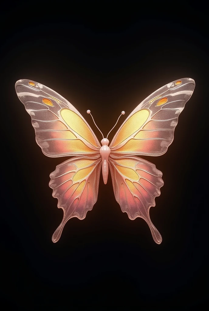 Completely black background with a butterfly in the middle of the screen, with colors in combination with pale pink and gold, glass art style, medieval and mystical 