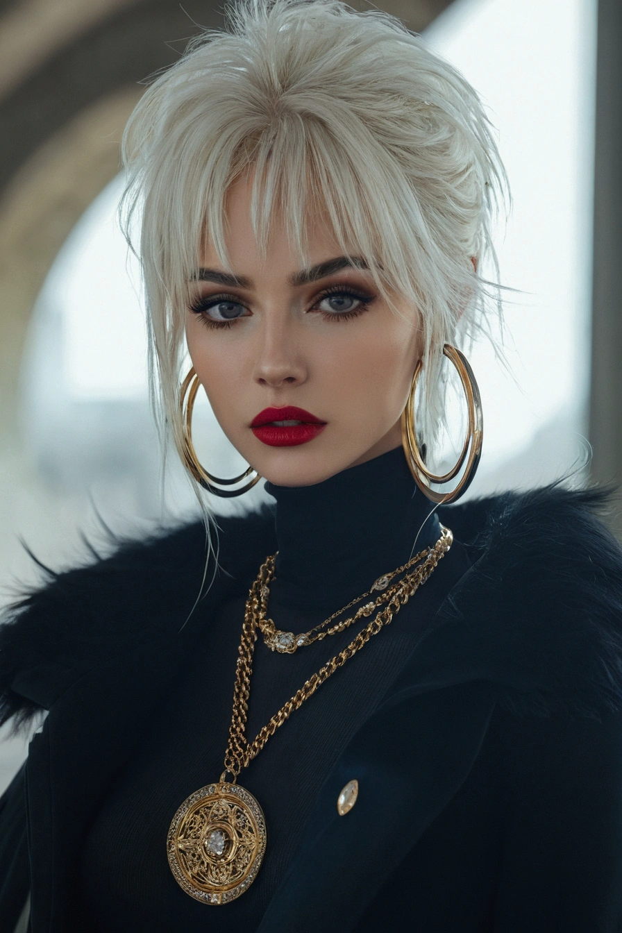 UHD ultra precise 8K digital copy of a blond woman with a black top and gold jewelry and a black coat, soft portrait shot 8 k, perfect white haired girl, sexy face with full makeup, inspired by Hedi Xandt, portrait shot 8 k, photo of a beautiful woman, wide golden eyes and red lips, girl with white hair, 8k portrait render, luts, hyper realistic style