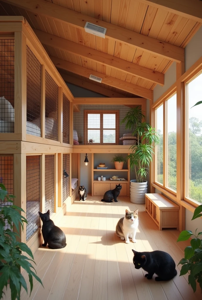 Create a wooden cattery with thermally insulated bars, ventilation, space and size for 15 cats, with a partition separating male and female cats and with space for a bed, water containers, takeout, sandbox and playground.