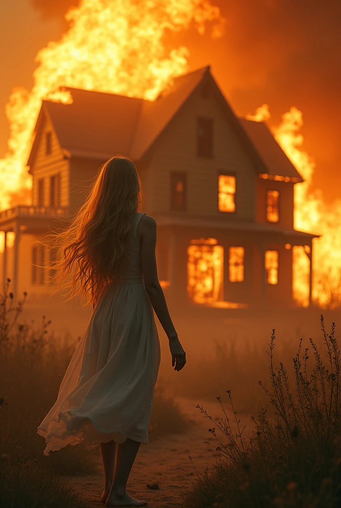 Girl, pretty, blonde, by the wide, naked, longer hair, burning house, 