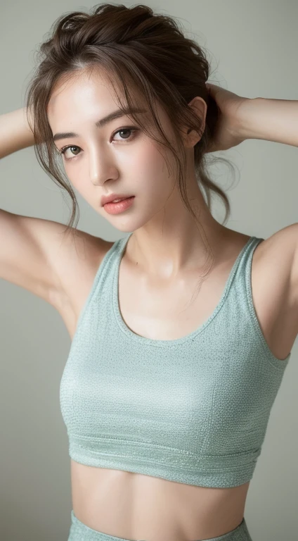 ((Highest quality, 8k, masterpiece :1.3)), One person, Beautiful woman with slim abdominal muscles :1.3, (Random Hairstyles :1.2), Oversized tank top :1.2, Highly detailed face, Detailed eyes, double eyelid, Underarm