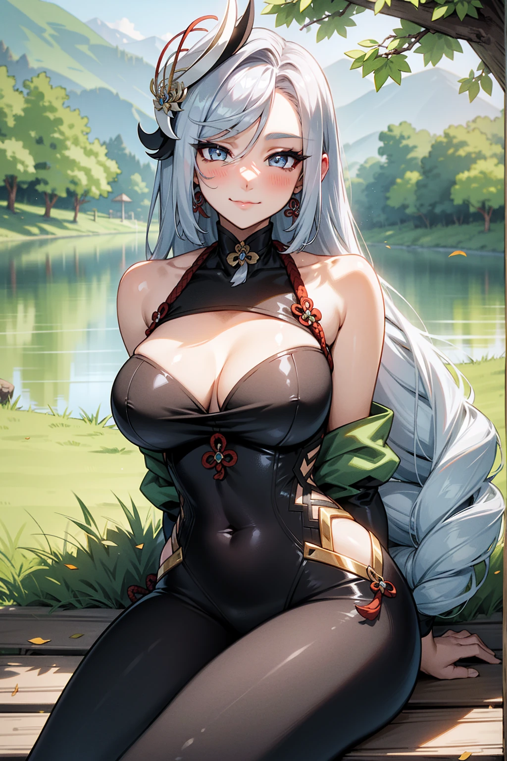 1girl, solo, long hair, looking at
viewer, silver hair closed smile,
closed mouth, smirk, blush, blue
eyes, silver hair seductive, wearing a
bodysuit, leotard, hair ornament,
exposed shoulders, cleavage, busty,
outside by lake, trees in background,
lake in background, dark night sky,
night, nighttime, sitting, looking at
viewer, leaves falling from, trees,
nature, excellent quality, ultra high
quality, high quality, high
resolution,8k, uhd, ultra detail,
detailed, extreme detail, (extremely
detailed face:1.2), detailed eyes,
extremely detailed eyes,( perfect
face,:1.4) (perfect eyes:1.1), beautiful
eyes, (gorgeous eyes:1.1) (realistic
eyes:0.9), masterpiece, portrait,
ShenheV4, shenhe, shenhe genshin
impact,