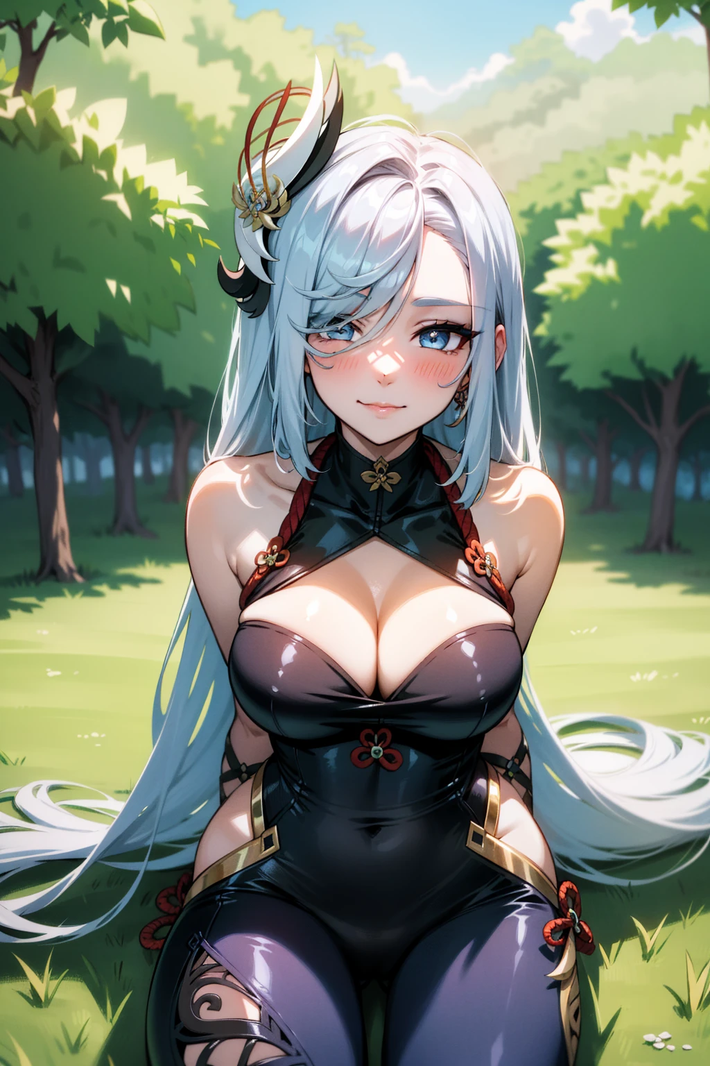 1girl, solo, long hair, looking at
viewer, silver hair closed smile,
closed mouth, smirk, blush, blue
eyes, silver hair seductive, wearing a
bodysuit, leotard, hair ornament,
exposed shoulders, cleavage, busty,
outside by lake, trees in background,
lake in background, dark night sky,
night, nighttime, sitting, looking at
viewer, leaves falling from, trees,
nature, excellent quality, ultra high
quality, high quality, high
resolution,8k, uhd, ultra detail,
detailed, extreme detail, (extremely
detailed face:1.2), detailed eyes,
extremely detailed eyes,( perfect
face,:1.4) (perfect eyes:1.1), beautiful
eyes, (gorgeous eyes:1.1) (realistic
eyes:0.9), masterpiece, portrait,
ShenheV4, shenhe, shenhe genshin
impact,