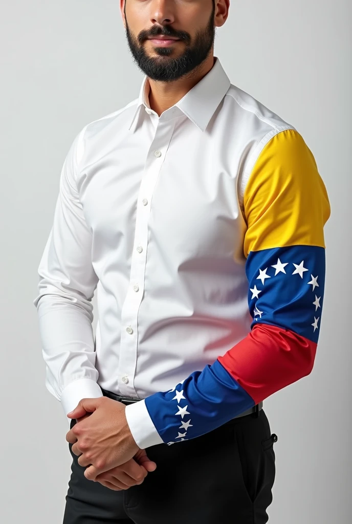 He designed the front of a long-sleeved white dress shirt that has the Venezuelan flag drawn on one full sleeve from the shoulder to the wrist with its 7 legible and extended white stars.