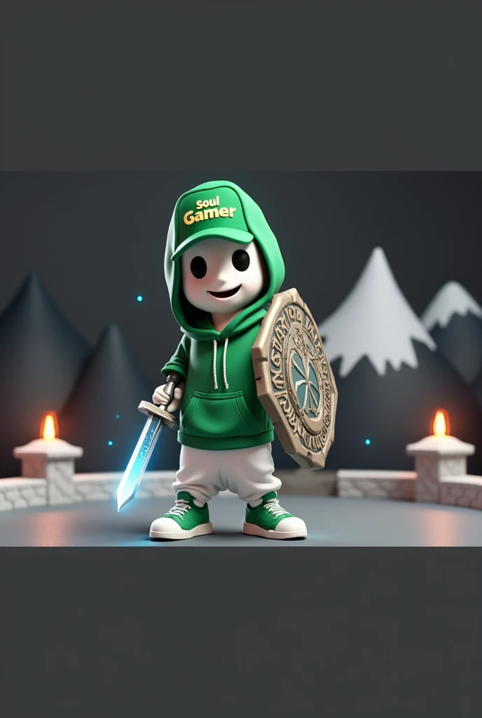 Draw a 3D style mascot with a friendly ghost appearance, engaged in an RPG themed scene. The character should maintain his white ghostly form with a wavy base, olhos grandes e pretos, and an animated smile. He wears his green cap with the 'Soul Gamer' logo in white on the front., along with the green hooded jacket and green sneakers with white details. In this scene, the ghost is in a fantasy environment, holding a glowing sword in his right hand, as if he is ready to face an epic challenge. The sword must have a shiny blade with magical details., like luminous runes in blue or green. In the left hand, he holds a round shield decorated with ancient symbols or an insignia, also with green details to match your look. He is wearing the same black headset with green accents and the adjustable microphone., but now it is slightly tilted to the side, as if he was strategically talking to his team during a battle. The surrounding scene should include typical RPG elements, like a landscape with mountains in the background, A stone bridge, and perhaps some lit torches. The ghost can be in an attacking or defending position., with a determined expression on the face, showing that he is focused on the mission. Add light effects emanating from the sword and shield, with a glow that complements the magical and heroic atmosphere of the scene. The primary colors are still green, white and black, but add touches of blue and gold for magical effects and landscape details, creating a sense of adventure and excitement typical of an RPG game.