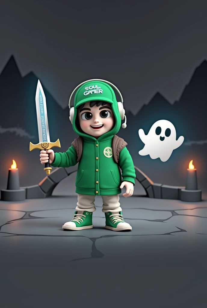 Draw a 3D style mascot with a friendly ghost appearance, engaged in an RPG themed scene. The character should maintain his white ghostly form with a wavy base, olhos grandes e pretos, and an animated smile. He wears his green cap with the 'Soul Gamer' logo in white on the front., along with the green hooded jacket and green sneakers with white details. In this scene, the ghost is in a fantasy environment, holding a glowing sword in his right hand, as if he is ready to face an epic challenge. The sword must have a shiny blade with magical details., like luminous runes in blue or green. In the left hand, he holds a round shield decorated with ancient symbols or an insignia, also with green details to match your look. He is wearing the same black headset with green accents and the adjustable microphone., but now it is slightly tilted to the side, as if he was strategically talking to his team during a battle. The surrounding scene should include typical RPG elements, like a landscape with mountains in the background, A stone bridge, and perhaps some lit torches. The ghost can be in an attacking or defending position., with a determined expression on the face, showing that he is focused on the mission. Add light effects emanating from the sword and shield, with a glow that complements the magical and heroic atmosphere of the scene. The primary colors are still green, white and black, but add touches of blue and gold for magical effects and landscape details, creating a sense of adventure and excitement typical of an RPG game.