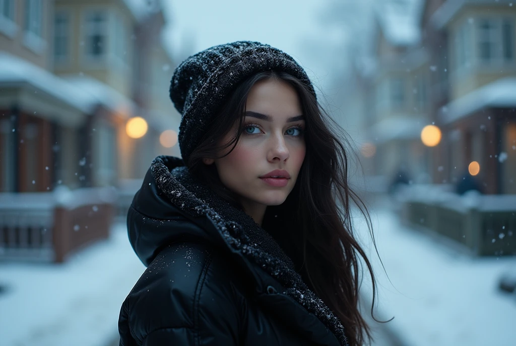 (masterpiece, hyperrealism, sharp images, photorealistic, best quality:1.5), (the image does not show her face, it only shows the back part of her) (Full body portrait, top view), (highly detailed face:1.5), (has white skin, highly detailed skin:1.8), (20 years old woman) (she has very black wavy hair) (breast size: 1.3), detailed hd beautiful dark green eyes, lips marked with pink lipstick, flirtatious look, big light green eyes, bold black eye shadows, huge eyelashes, (she is wearing stylish black coat for rain and snow, with cap, with sherpa lining) (has his eyes looking up at the sky, watching the snow fall) (she is walking on the sidewalk in a neighborhood of one-story houses) (everything is covered with snow) (background, it is already dark, there are black and blue clouds, it is snowing and it is cold). the perspective of her back, She is not looking at the camera