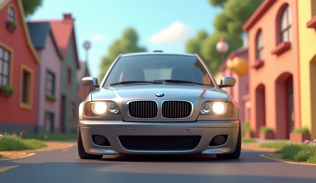 Im Stil von Pixar 3D-Animation filmen. silver BMW E46 Compact is towed.