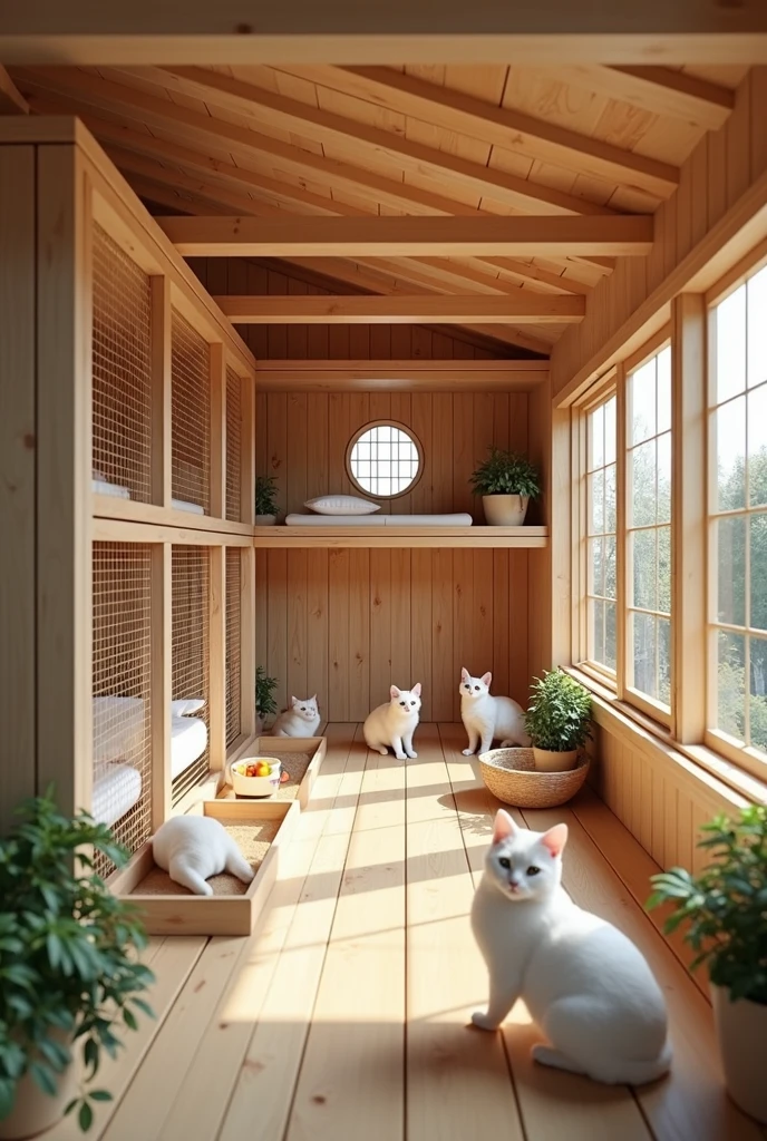 Create a wooden cattery with thermally insulated bars, ventilation, space and size for 15 cats, with a partition separating male and female cats and with space for a bed, water containers, takeout, sandbox and playground.