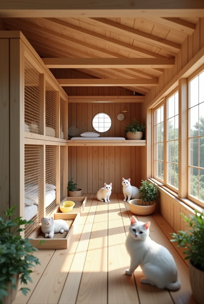 Create a wooden cattery with thermally insulated bars, ventilation, space and size for 15 cats, with a partition separating male and female cats and with space for a bed, water containers, takeout, sandbox and playground.