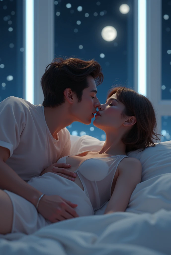 Image of a sexy woman with short brown hair, 3, size 42DD for large breasts, She is asleep lying on a bed in a futuristic room, that has large windows, the sky is starry with two moons, wearing a transparent robe and a 20-year-old boy is on top of her and kisses her breasts while she sleeps.