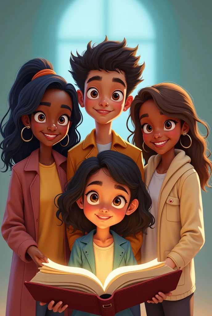 5 young men and women of different skin colors standing, with a bible in the background, pixar style