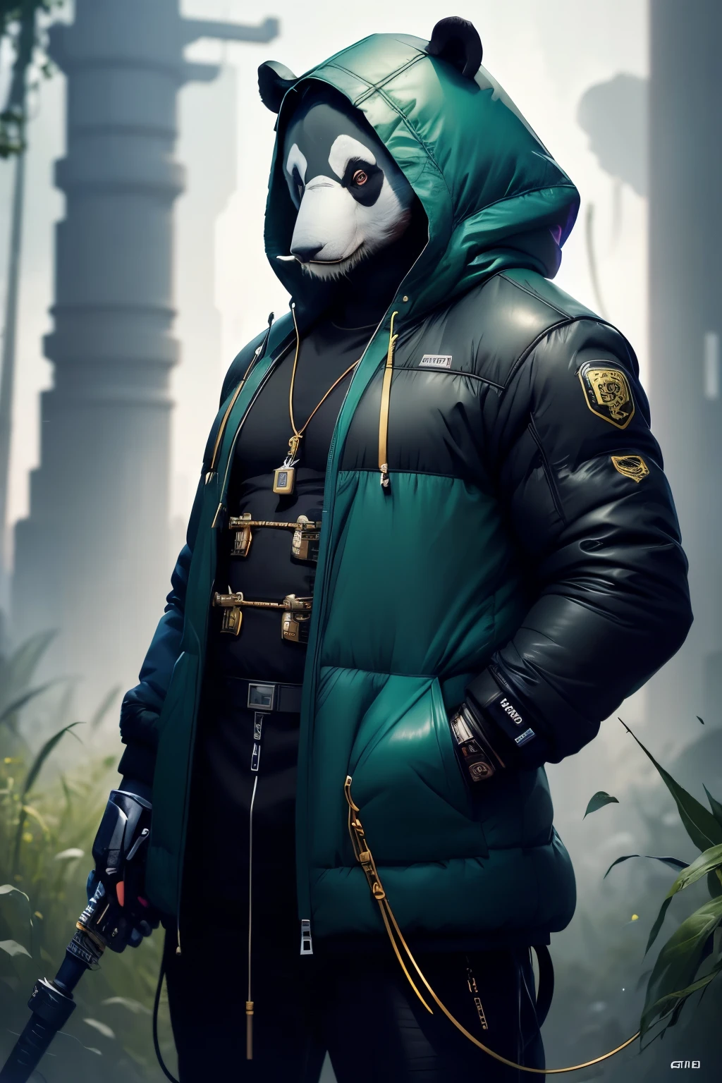 a half elephant half panda bear, standing in a lush green grassy field, angry, half elephant, hooded puffer jacket, gold chain, hip hop style, mechanical parts, robotic machine parts, drooling angry, blue and black, panda bear with long elephant trunk, black and blue, looking partially away, 3/4 view stance, axe in hand, huge elephant ears, android hybrid, light rain, wide fighting stance, muscular, glowing high tech watch on wrist, detailed texture, photorealistic, highly detailed, 8k, masterpiece, (best quality,4k,8k,highres,masterpiece:1.2),ultra-detailed,(realistic,photorealistic,photo-realistic:1.37),HDR,UHD,studio lighting,ultra-fine painting,sharp focus,physically-based rendering,extreme detail description,professional,vivid colors,bokeh,nature,wildlife,surreal,whimsical