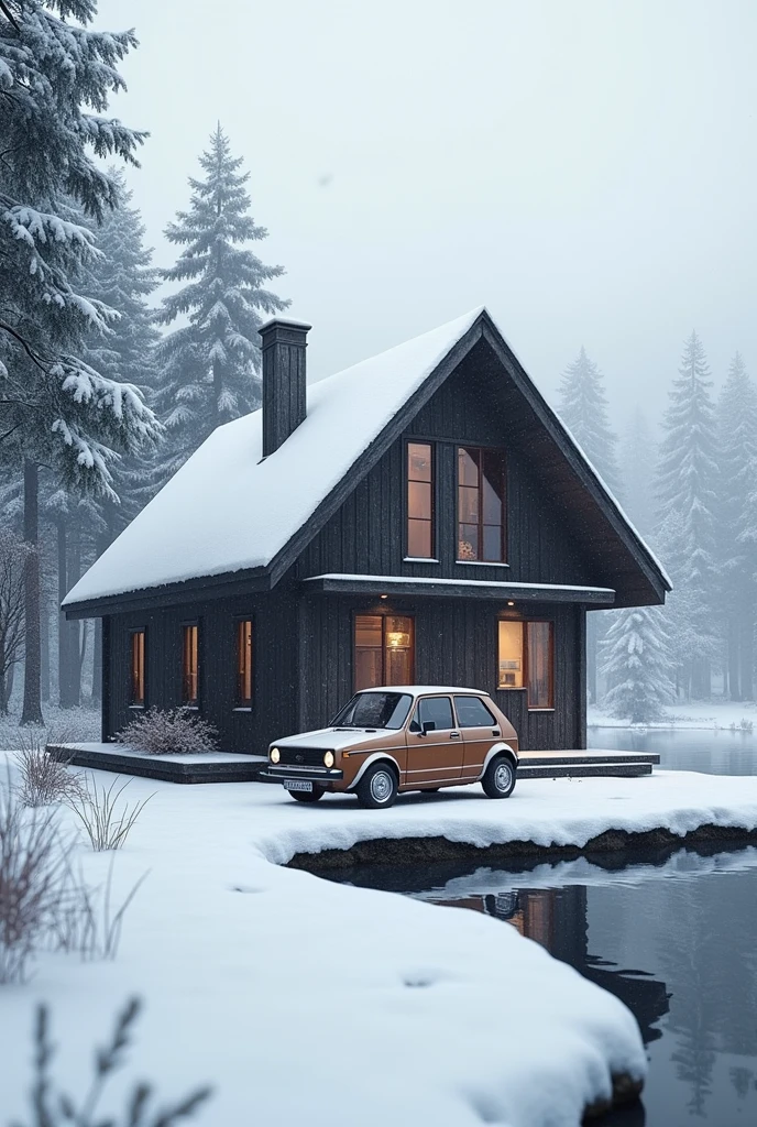 House at a lake made from dark wood, no chimney snowstorm vw golf 2 infront