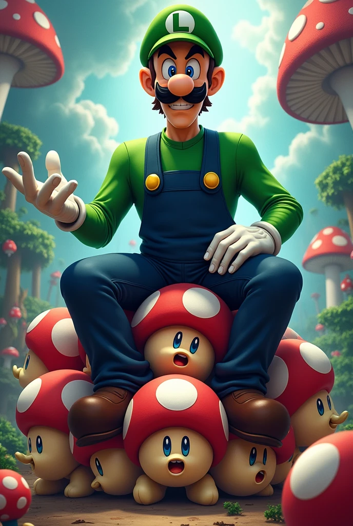 Luigi mechant qui s’assoit sur les personnages de Gomba