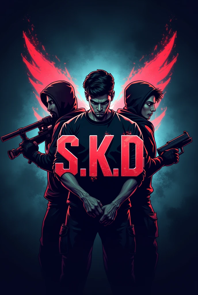 Gamer logo of three people with weapons and initials on their shirts (s.k.D)