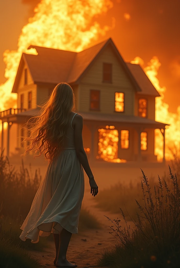 Girl, pretty, blonde, by the wide, , longer hair, burning house,
