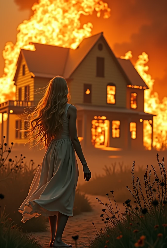 Girl, pretty, blonde, by the wide, naked, longer hair, burning house, 