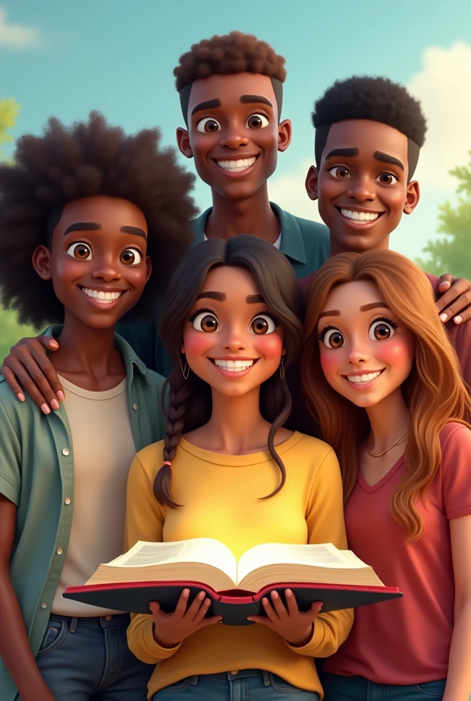 5 young men and women of different skin colors standing, with a bible in the background, pixar style