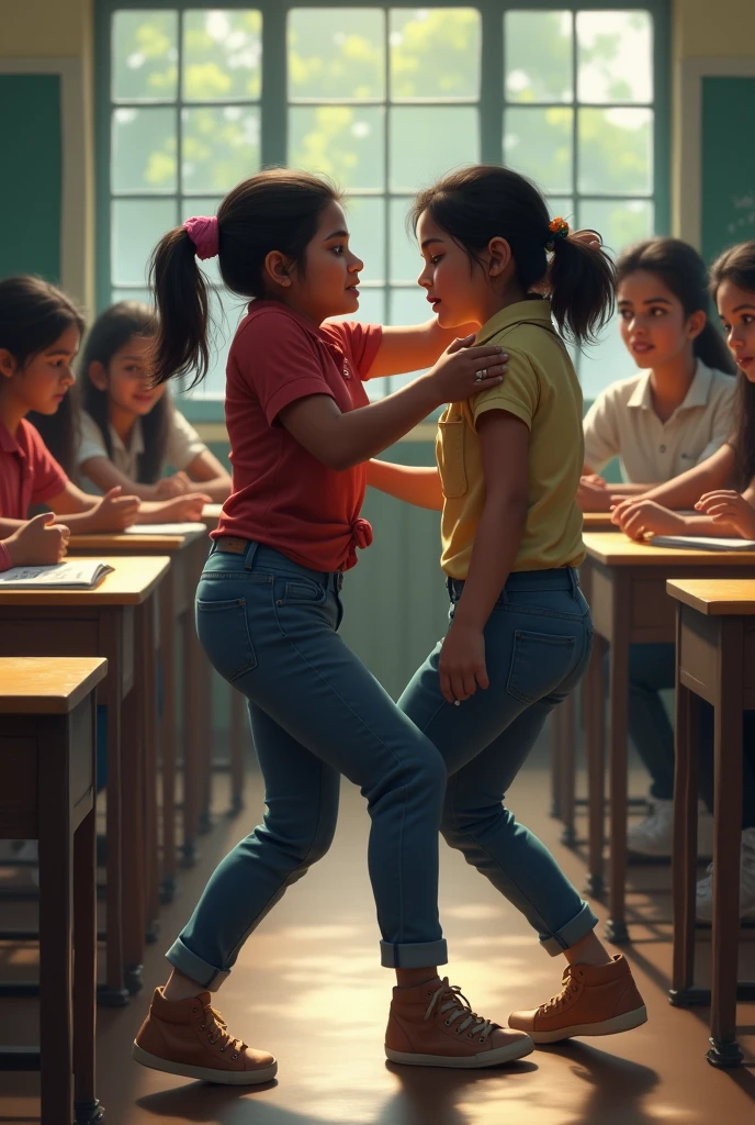 2 Indian girls fighting at school class room in pants. All students watching them .