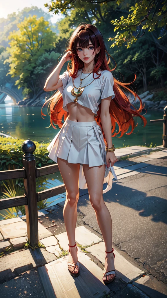(​masterpiece),(best quality:1.0), (ultra highres:1.0), detailed illustration, 8k, Anime-Series, 1 girl, beautiful Anime-Series girl, wearing a white top, Belly-free, a short skirt, pretty face, detailed face, Beautiful eyes, detailled eyes, olive green eyes, bright red lips, red lipstick, beautiful stylish hair, Highlights im Haar, bangs Anime-Series style, best quality, exhilarated, Full body, bright sunshine, Slightly open mouth, deep neckline, Golden chain, stands sideways, a dragon tattoo on the upper arm, Skin slightly tanned, stands on a bridge and leans on the railing ., wet hair,full body,detailed face, detailed hands, full body, long legs
