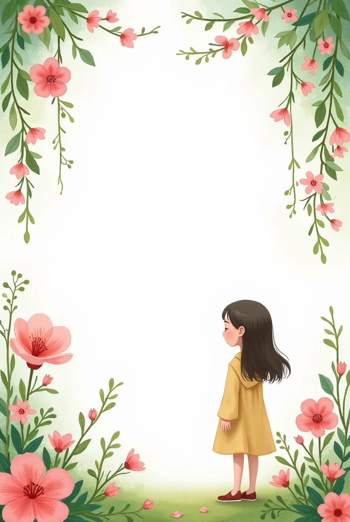 make me on a white background, lush branches of flowers., green branches and pink flowers, Soft and light colors in watercolor style.