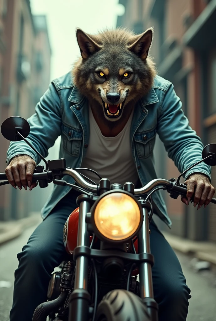 Create a biker werewolf with a white shirt and a light blue denim jacket on top., who drives a chopper style motorcycle. Also add some glasses for myopia.