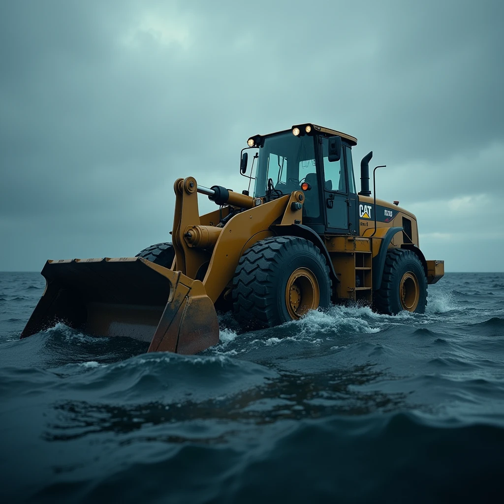 a gloomy background with a CAT 980k wheel loader thrown into the Atlantic ocean surrounded by sharks