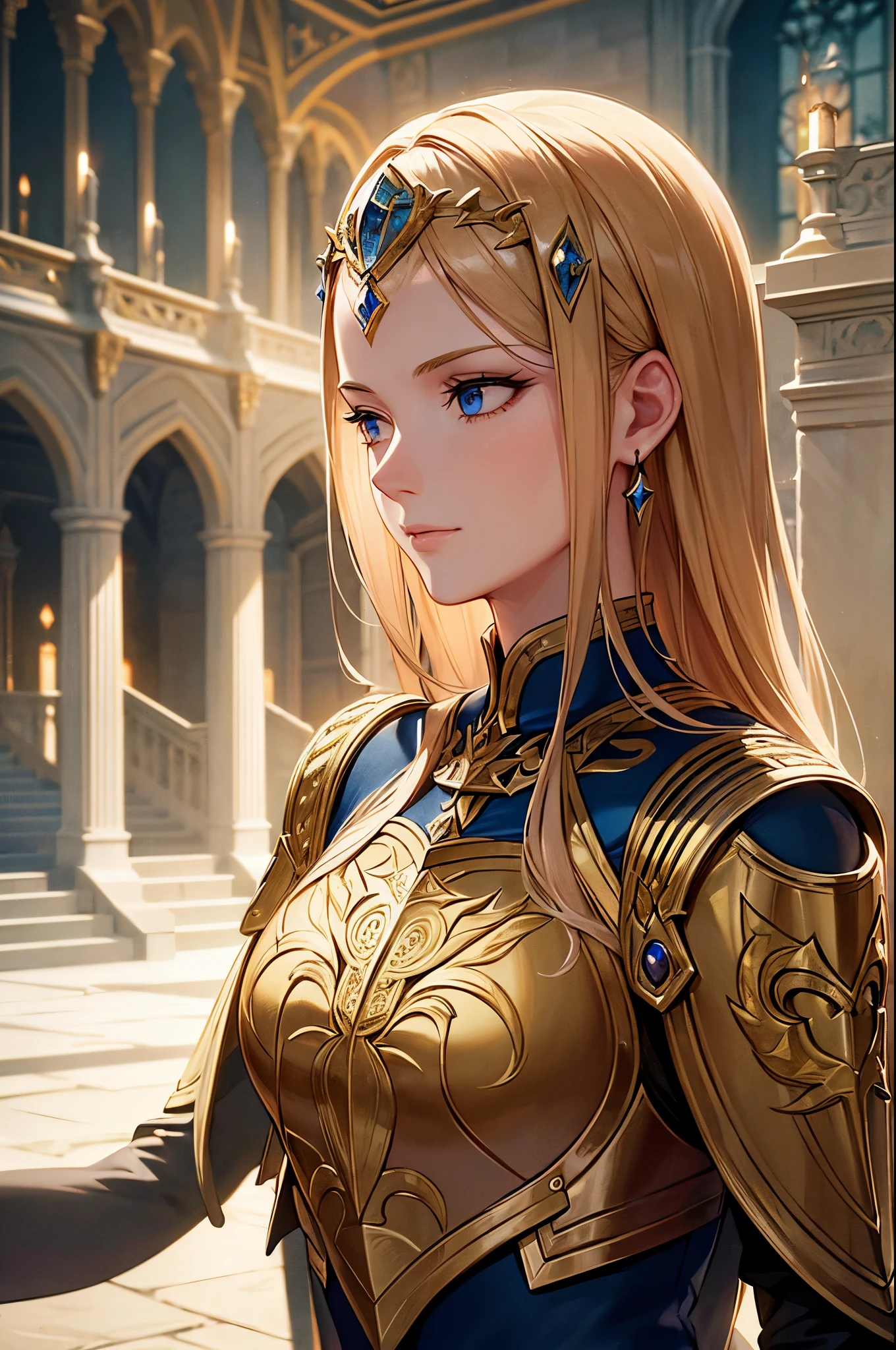 a beautiful young woman with golden hair and azure eyes standing in a castle courtyard, exquisitely detailed, highly detailed facial features, wearing iron armor, intricate armor details, glowing magical energy, dramatic lighting, Renaissance castle interior, epic fantasy scene, cinematic lighting, photorealistic, 8k:1.2, highly detailed:1.2, masterpiece:1.3