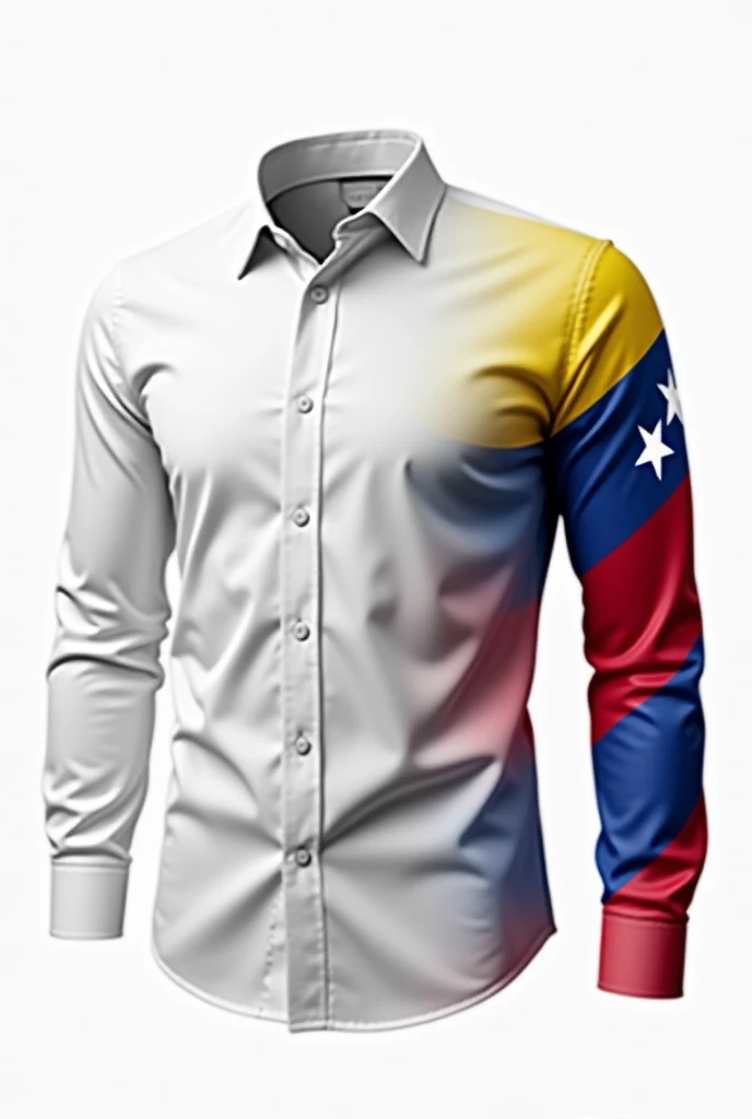 Designed a white long-sleeved dress shirt that has the yellow Venezuelan flag on one full sleeve from the shoulder to the wrist, blue and red drawn diagonally and in the blue color its 7 legible and extended white stars
